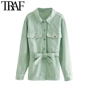 TRAF mujer moda con cinturón suelto deshilachado chaqueta de mezclilla abrigo Vintage manga larga bolsillos mujer prendas de vestir exteriores Chic Tops 210415