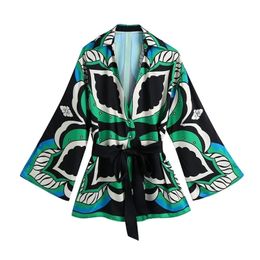 Traf Women Fashion met riem bedrukte wrap kimono blouses vintage drie kwart mouw vrouwelijke shirts chic tops 220813