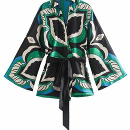 TRAF Women Fashion with riem bedrukt wrap kimono blouses vintage driekwart mouw vrouwelijke shirts chique tops 220407