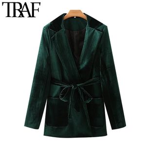 TRAF Damesmode met riem fluwelen blazer jas vintage lange mouw zakken vrouwelijke bovenkleding chic veste femme 210415