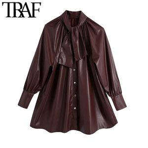 Traf Women Fashion With Bow Faux Leather Blouses Vintage High Neck Long Sleeve vrouwelijke shirts blusas chic tops 210415