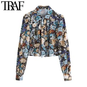 TRAF Women Fashion With Bow Tie Floral Print bijgesneden blouses Vintage lange mouw button-up vrouwelijke shirts blusas chic tops 210415