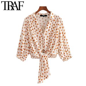 TRAF Femmes Mode avec nœud noué Polka Dot Blouses recadrées Vintage élastique ourlet boutonné chemises féminines Chic Tops 210415