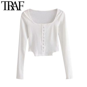 Traf Women Fashion met knoppen bijgesneden gebreide blouses vintage vierkante kraag lange mouw vrouwelijke shirts chic tops 210415
