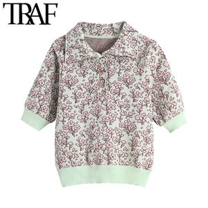 Traf Women Fashion met knoppen Jacquard gebreide trui vintage reverskraag korte mouw vrouwelijke pullovers chic tops 210415