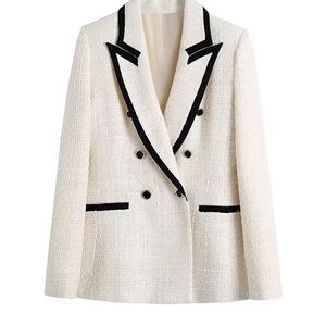 TRAF femmes mode avec passepoil contrasté Tweed Blazer manteau Vintage manches longues poches vêtements de dessus pour femmes Chic Veste Femme 220801