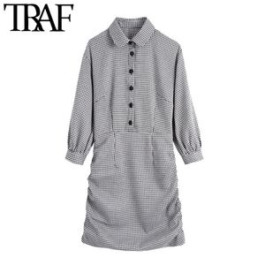 Traf Women Fashion met overdekte knop Houndstooth geplooide mini -jurk vintage drie kwart mouw vrouwelijke jurken mujer 210415