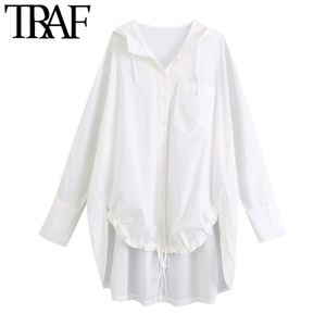 TRAF Femmes Mode avec capuche à cordon de serrage Blouses asymétriques en vrac Vintage à manches longues Vents latéraux Chemises féminines Chic Tops 210415