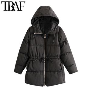 TRAF femmes mode avec cordon hiver épais chaud Parkas manteau Vintage à manches longues à capuche femme survêtement Chic hauts 210415