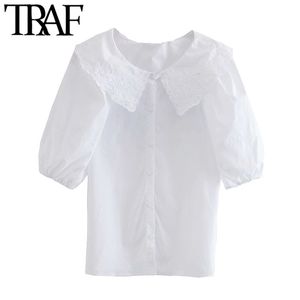 Traf Women Fashion met borduurwerk Poplin Blouses Vintage Puff Sleeve Button-Up Vrouwelijke shirts Blusas Chic Tops 210415