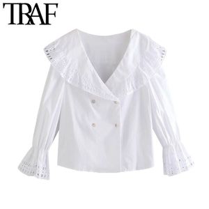 TRAF Femmes Mode avec des garnitures de broderie Blouses blanches Vintage V Col à manches longues Chemises féminines Blusas Chic Tops 210415