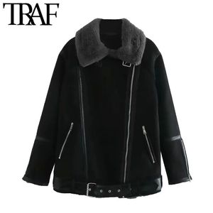 TRAF Damesmode met bont faux suede dikke warme jas jas vintage lange mouw zakken vrouwelijke uitloper chic tops 210415
