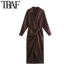 Traf Women Fashion met verzamelde Soft Touch Midi Dress Vintage lange mouw Front Vents vrouwelijke jurken Vestidos Mujer 220813