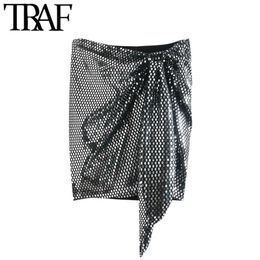 TRAF femmes mode avec noeud brillant Sequin Mini jupe Vintage taille haute dos fermeture éclair femme jupes Mujer 210415