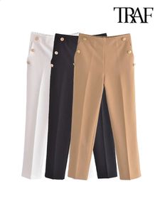 TRAF Damesmode Met Metallic Knop Rechte Broek Vintage Hoge Taille Terug Elastische Tailleband Vrouwelijke Enkelbroek Mujer 240123