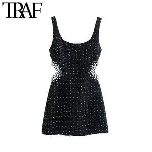 TRAF femmes mode avec perles évider T Mini robe Vintage dos nu fermeture éclair larges bretelles femmes robes Vestidos 220402