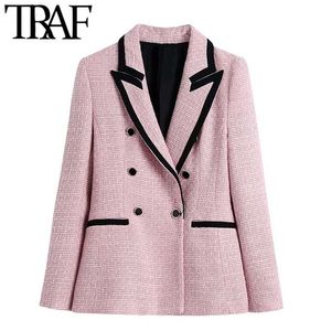 TRAF Femmes Mode avec passepoil Patchwork Tweed Blazer Manteau Vintage Manches longues Poches passepoilées Vêtements de dessus pour femmes Chic Veste 211122