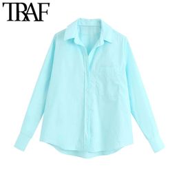 TRAF Moda donna con camicette abbottonate tascabili Camicie vintage con colletto a bavero a maniche lunghe Camicie femminili Blusas Chic Top 210415