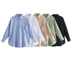 Traf Women Fashion met zak oversized linnen shirts vintage lange mouw buttonup vrouwelijke blouses blusas chic tops 220813