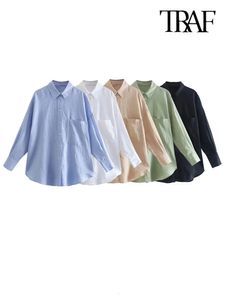 TRAF femmes mode avec poche surdimensionné chemises en lin Vintage à manches longues boutonné femmes Blouses Blusas Chic hauts 240307