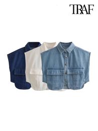 TRAF Vrouwen Mode Met Zakken Cropped Denim Shirts Sexy Mouwloze Button-up Vrouwelijke Blouses Blusas Chic Tops 240322