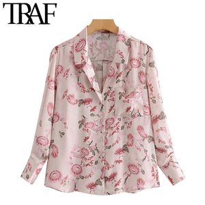 TRAF Femmes Mode avec poches Blouses à imprimé floral Vintage manches longues boutonnées Chemises féminines Blusas Chic Tops 210415