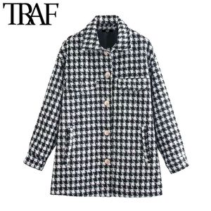 TRAF, moda para mujer, con bolsillos, chaqueta holgada de Tweed a cuadros, abrigo Vintage de manga larga con botones, prendas de vestir exteriores para mujer, Tops elegantes 210415