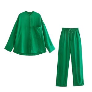 TRAF femmes mode avec poches Blouses confortables lâches et taille haute élastique cordon pantalon droit ensembles féminins Mujer 220813