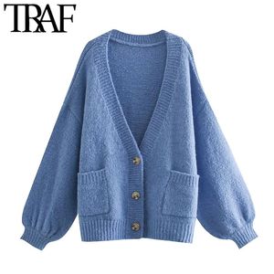 TRAF Women Fashion with Pockets Oversized Gebreide Cardigan Sweater Vintage Lange Mouw Vrouwelijke Bovenkleding Chic Tops 210415