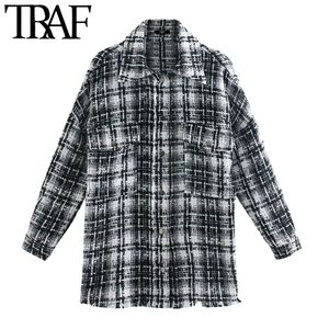 TRAF, chaqueta de Tweed de gran tamaño con bolsillos para mujer, abrigo Vintage de manga larga con dobladillo deshilachado, prendas de vestir exteriores para mujer, Tops elegantes 210415