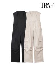 TRAF Vrouwen Mode Met Zakken Strapless Cargo Jumpsuit Vintage Rechte Hals Zijrits Vrouwelijke Speelpakjes Mujer 231227