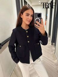 TRAF femmes mode avec poches Tweed Jack manteau Vintage à manches longues bouton avant vêtements de dessus pour femmes Chic hauts 240118