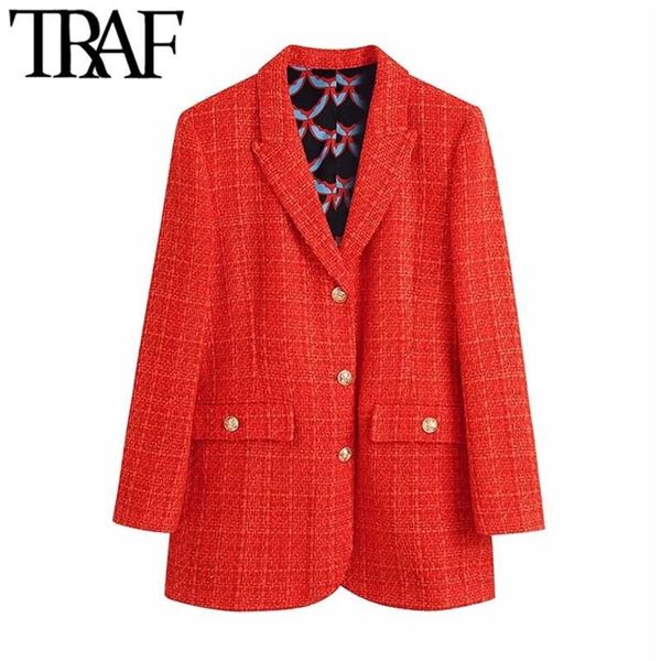 TRAF Femmes Mode avec doublure imprimée Ajustée Tweed Blazer Manteau Vintage Manches longues Poches Vêtements de dessus pour femmes Chic Veste 211116