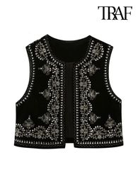 TRAF femmes mode avec paillettes broderie florale gilet court Vintage col rond sans manches vêtements de dessus pour femmes Chic gilet hauts 240228