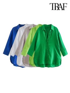 TRAF femmes mode avec évents latéraux chemises en lin asymétriques Vintage à manches longues boutons avant femmes Blouses Chic hauts 240117
