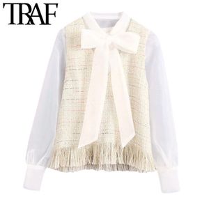 Traf Women Fashion With Tassel Patchwork Organza Tweed Blouses Vintage Bow Tie Collar Frayed Female Shirts Chic Tops 210415