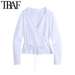 TRAF Femmes Mode Avec Attaché Crossover Blanc Blouses Vintage À Manches Longues Plissées Femme Chemises Blusas Chic Tops 210415