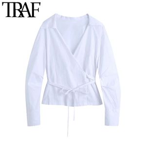 TRAF Damesmode met gebonden crossover witte blouses vintage lange geplooide mouw vrouwelijke shirts Blusas chique tops 210415