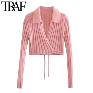 TRAF Femmes Mode Avec Attaché Wrap Recadrée Tricoté Cardigan Pull Vintage À Manches Longues Femme Survêtement Chic Tops 210914