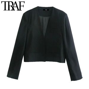 Traf Femmes Mode Avec Vents Recadrée Blazer Manteau Vintage Col En V À Manches Longues Femelle Survêtement Chic Veste Femme 210415