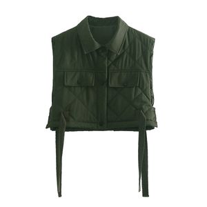 TRAF Women Green Pocekts Quilten Betrapt Vesten Mode Knoppen Stropdas Turn-Down Collar Vest Streetwear 211123