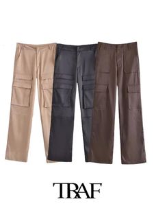 TRAF femmes pantalons mode solide soie Satin Cargo pantalon aux poignets femme pantalon Mujer 240222