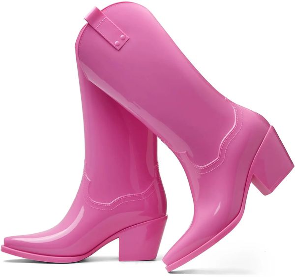 Traf Botas de lluvia para mujer, botas vaqueras hasta la rodilla, botas de goma elásticas sólidas impermeables, botas rosadas de vaquera, zapatos de tacón medio grueso para mujer 231226