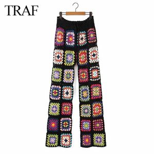 TRAF Dameskleding Broek Handgemaakte Haak Sexy Hol Zwart Square Motif 4 Seizoen Dames Speciale 211115