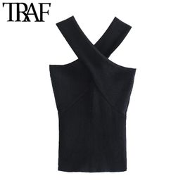 TRAF VROUWEN SEXY Mode Cross Brede Banden bijgesneden Zwarte Knit Tank Tops Vintage Backless Aangepaste Vrouwelijke Camis Mujer 220318