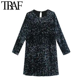 TRAF femmes Sexy mode brillant Sequin Mini robe Vintage O cou à manches longues fête femmes robes Vestidos Mujer 210415