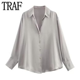 TRAF femmes chemises Satin été Blouse femme gris à manches longues haut femmes Blouses amples boutonné élégant Chic femme chemise 240112