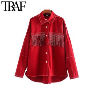 Traf Women Street Fashion Chaqueta de borla de gran tamaño Abrigo Vintage Manga larga Frayed Irregular Outerwear Chic Tops 210415