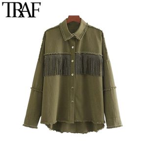 TRAF Women Stylish Fringe Beaded Oversized Jacket Jas Lange Mouw Gerafelde Trim Tassel Dames Bovenkleding Chaqueta Mujer Chic Tops 210415