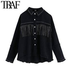 TRAF mujeres elegante borla con cuentas de gran tamaño chaqueta de mezclilla abrigo Vintage moda manga larga deshilachado prendas de vestir exteriores Chic suelta Tops LJ201021